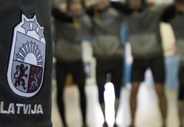 SPISSKA NOVA VES, SLOVAKIA - APRIL 23: Latvian ice hockey federation patch worn by it's players as they warm-up prior to relegation round action against Belarus at the 2017 IIHF Ice Hockey U18 World Championship. (Photo by Steve Kingsman/HHOF-IIHF Images)

